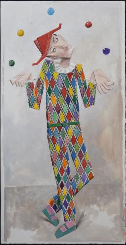 Harlequin juggling / Watercolour & gouache 